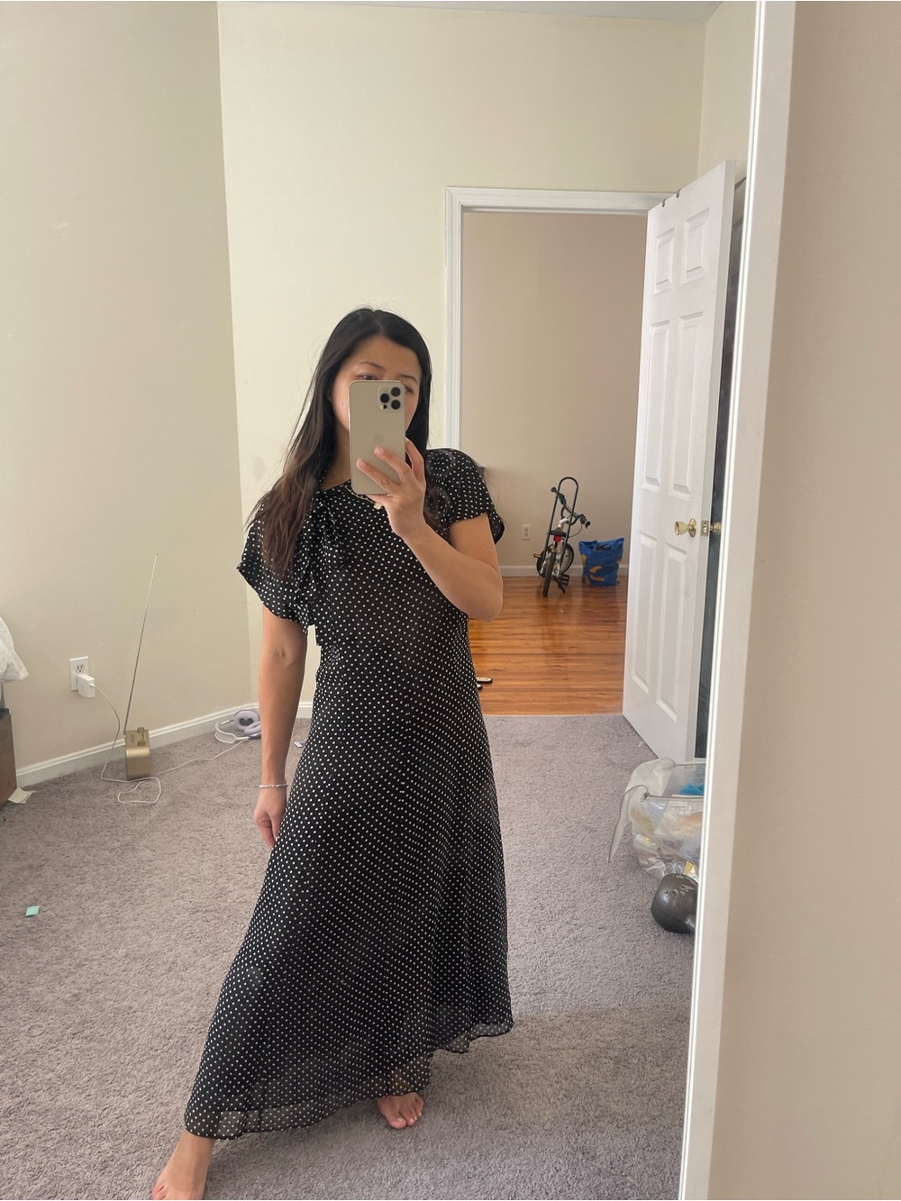 Zara Black Polka Dot Tie-Neck Midi Dress